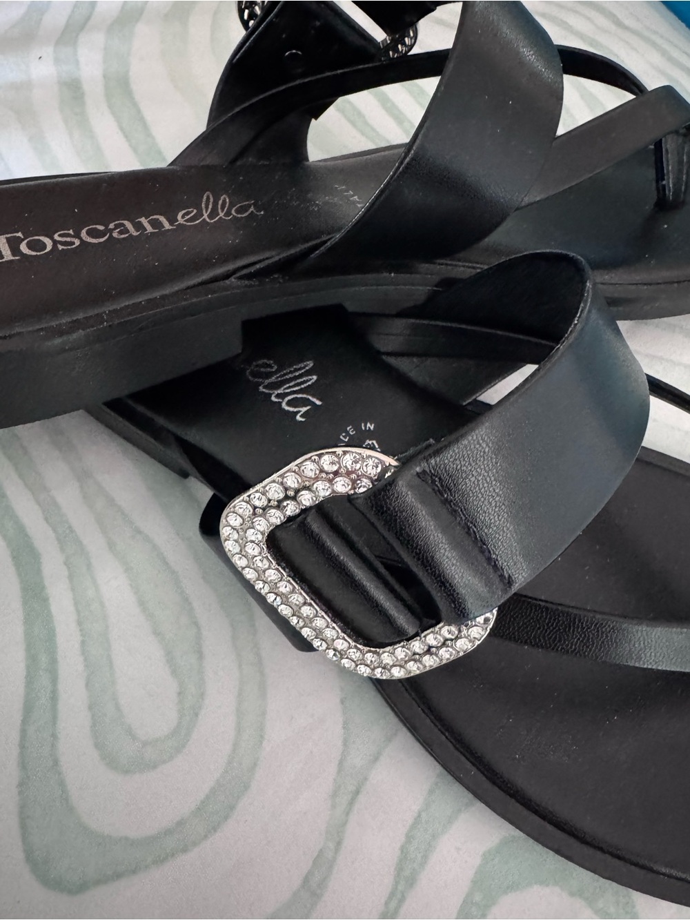 Toscanella Black Leather Sandals with Rhinestones